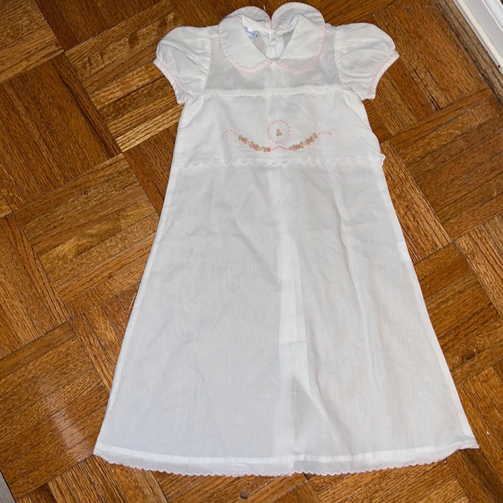 Fancy threads white lines rose embroidery pink piping Daygown. Heirloom 0-3 Mo.